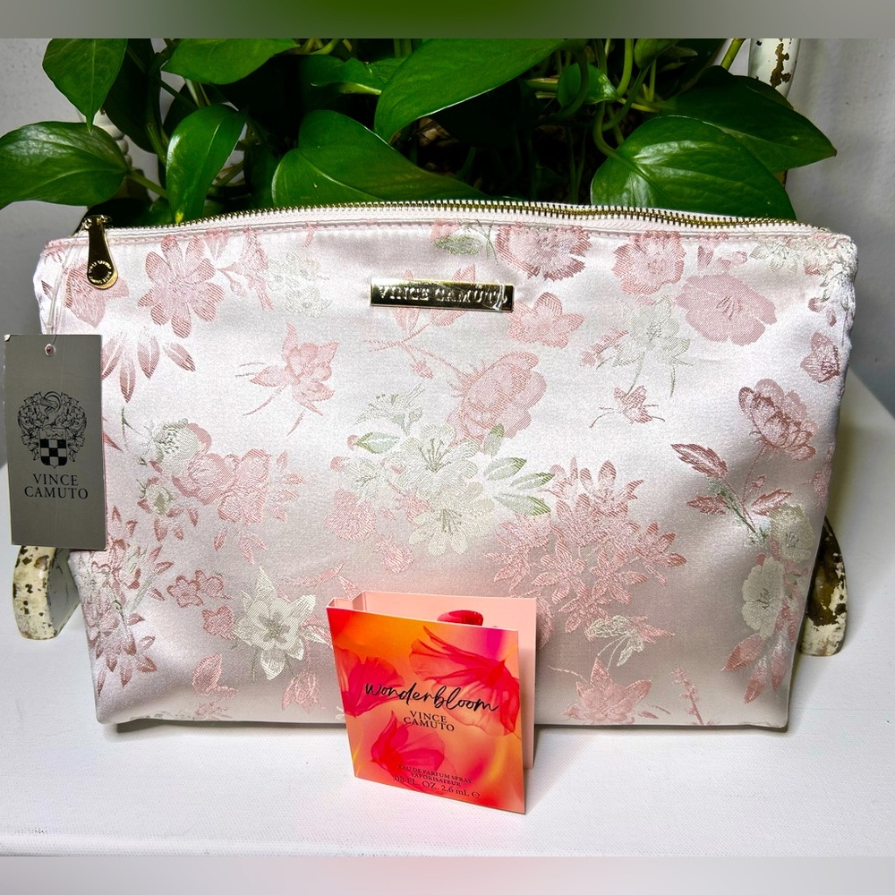 Vince Camuto Pink Floral Satin Cosmetic Pouch with Gold Accents
